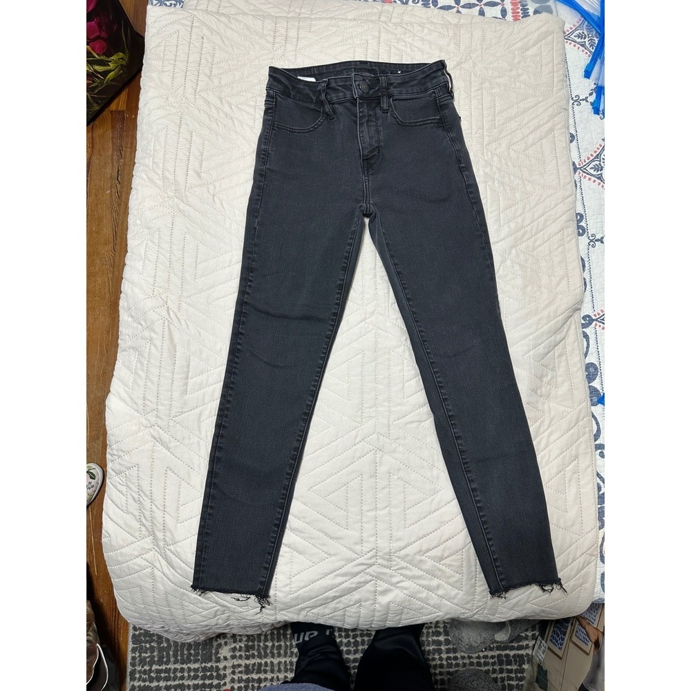 American Eagle Hi-Rise Jegging Black Faded Raw Hem Skinny Jeans Size 2 Short